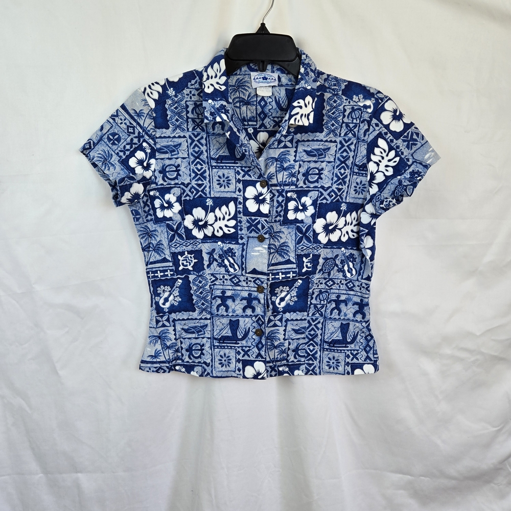 Island Candy Vintage Women's Blue White Floral Hawaiian Short Sleeve‎ Top Medium